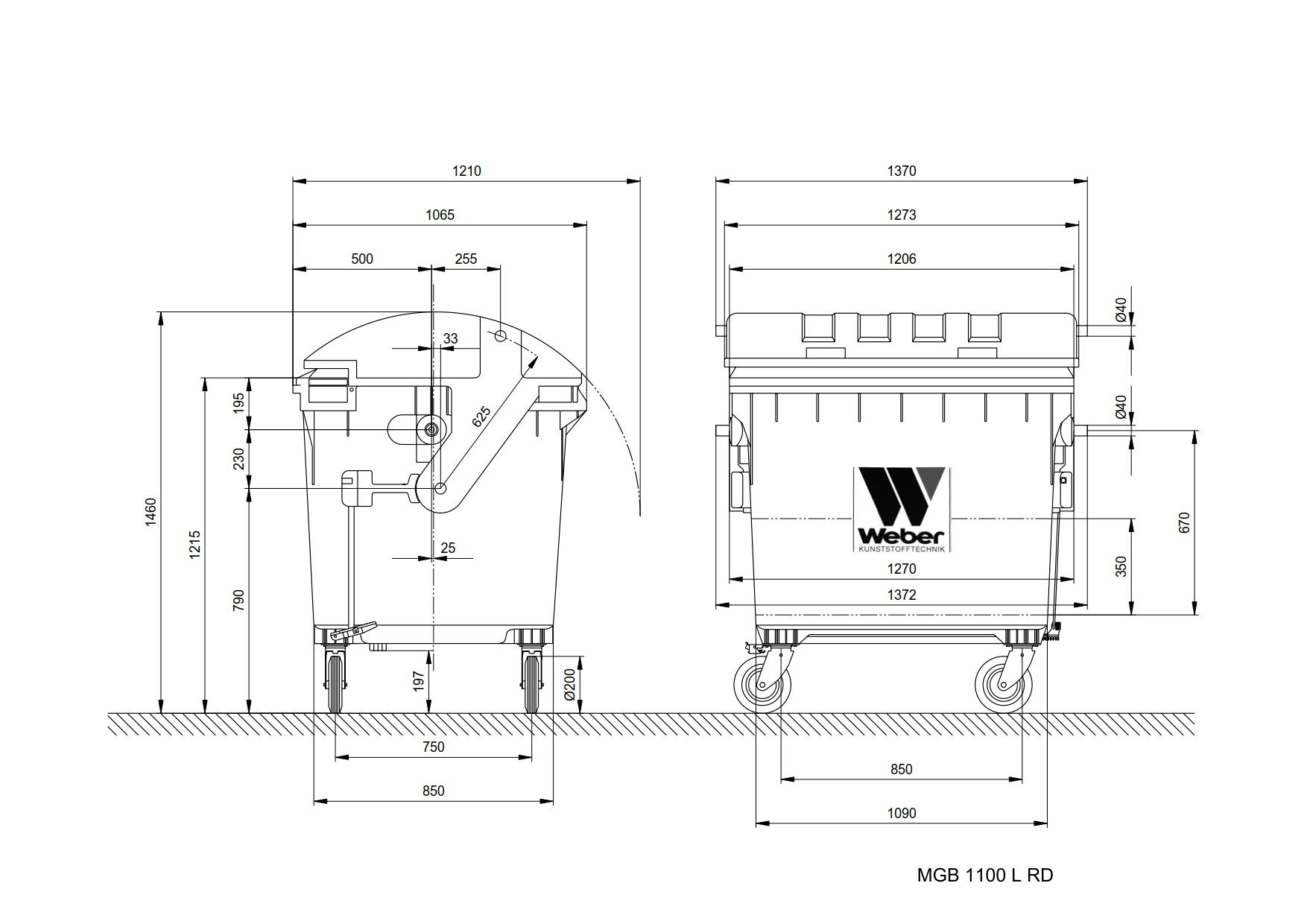 Изображения размеров и габаритов мусорных баков 1100 л rl