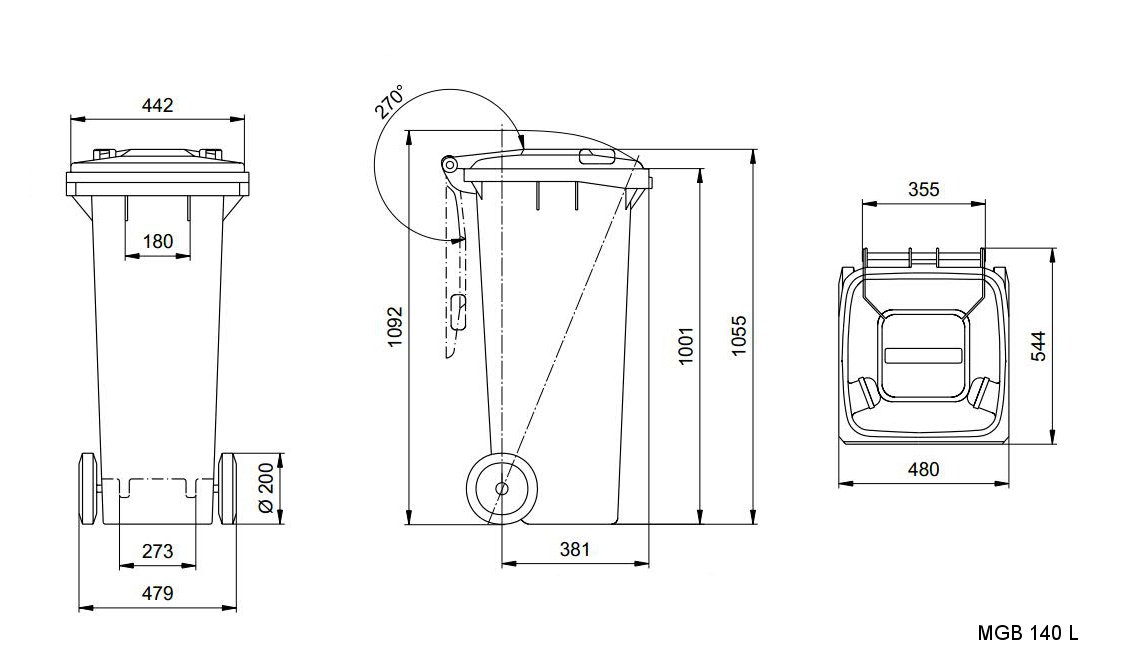 Изображения размеров и габаритов мусорных баков 140 л